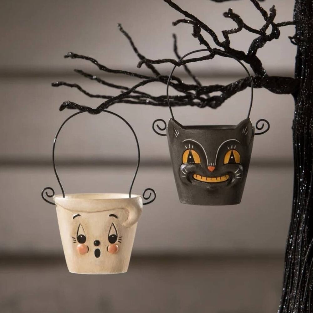 Bethany Lowe Johanna Parker 2 Boo & Cat Teeny Halloweenie Pail Ornaments NEW